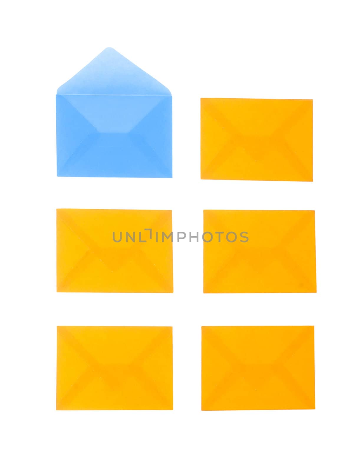 Yellow envelopes on white with one blue opened