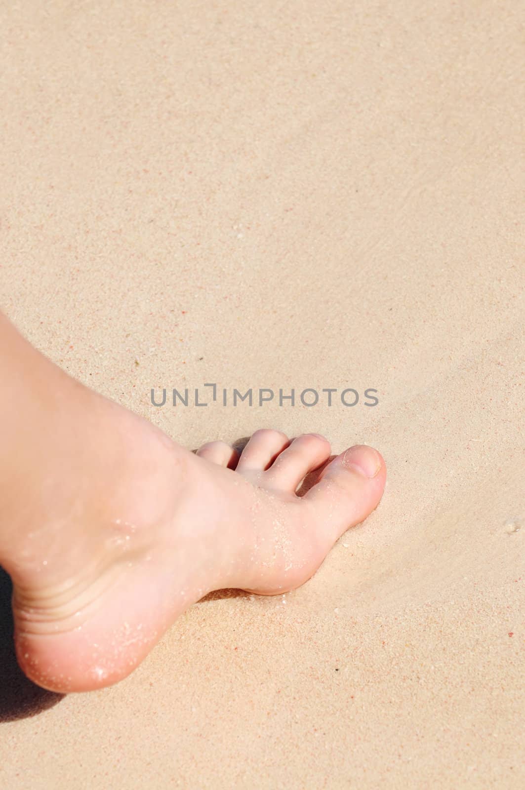 Foot on sandy beach by elenathewise