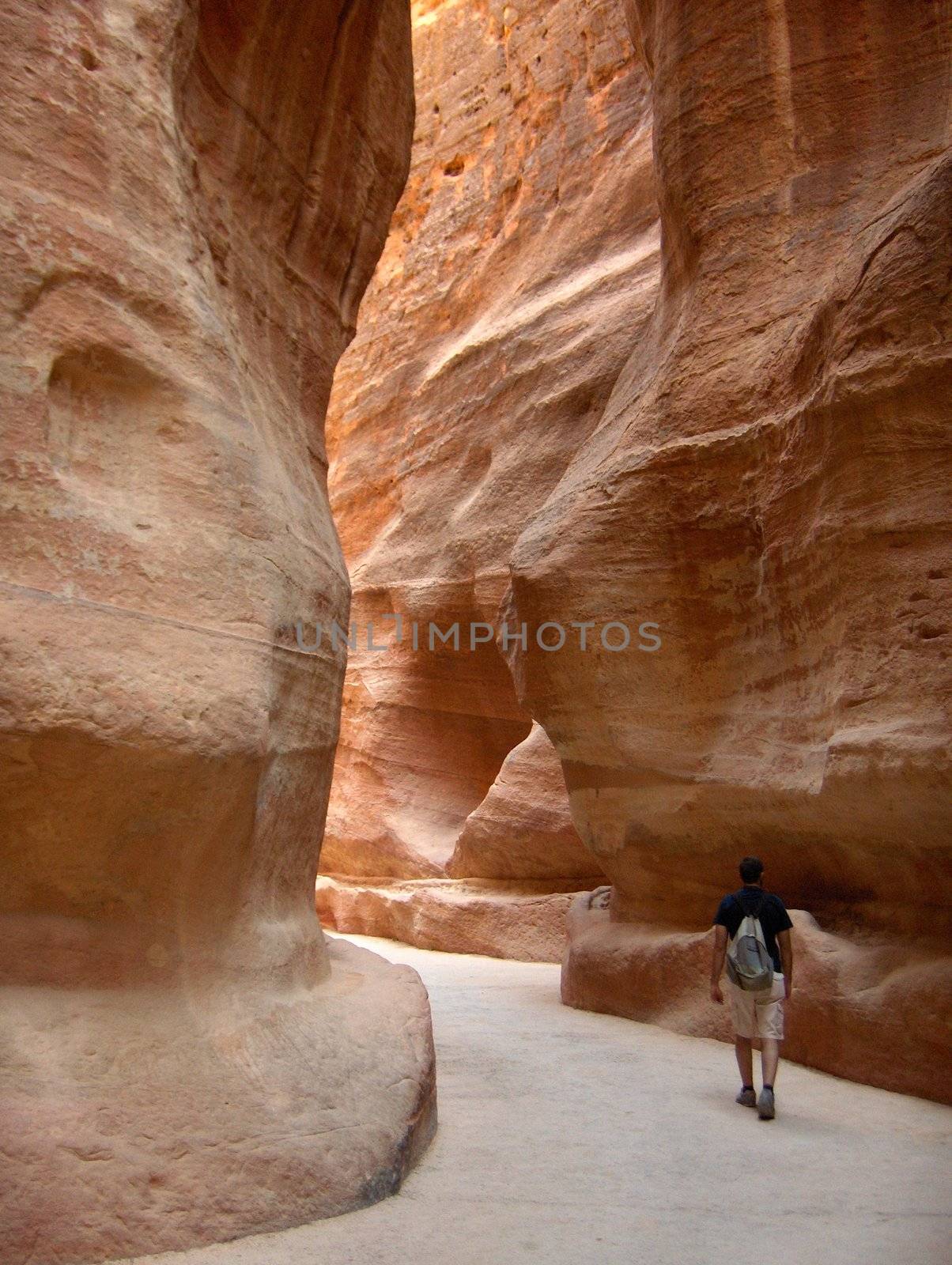 A man walking to the monuments at the Petra archaeological site in Jordan.