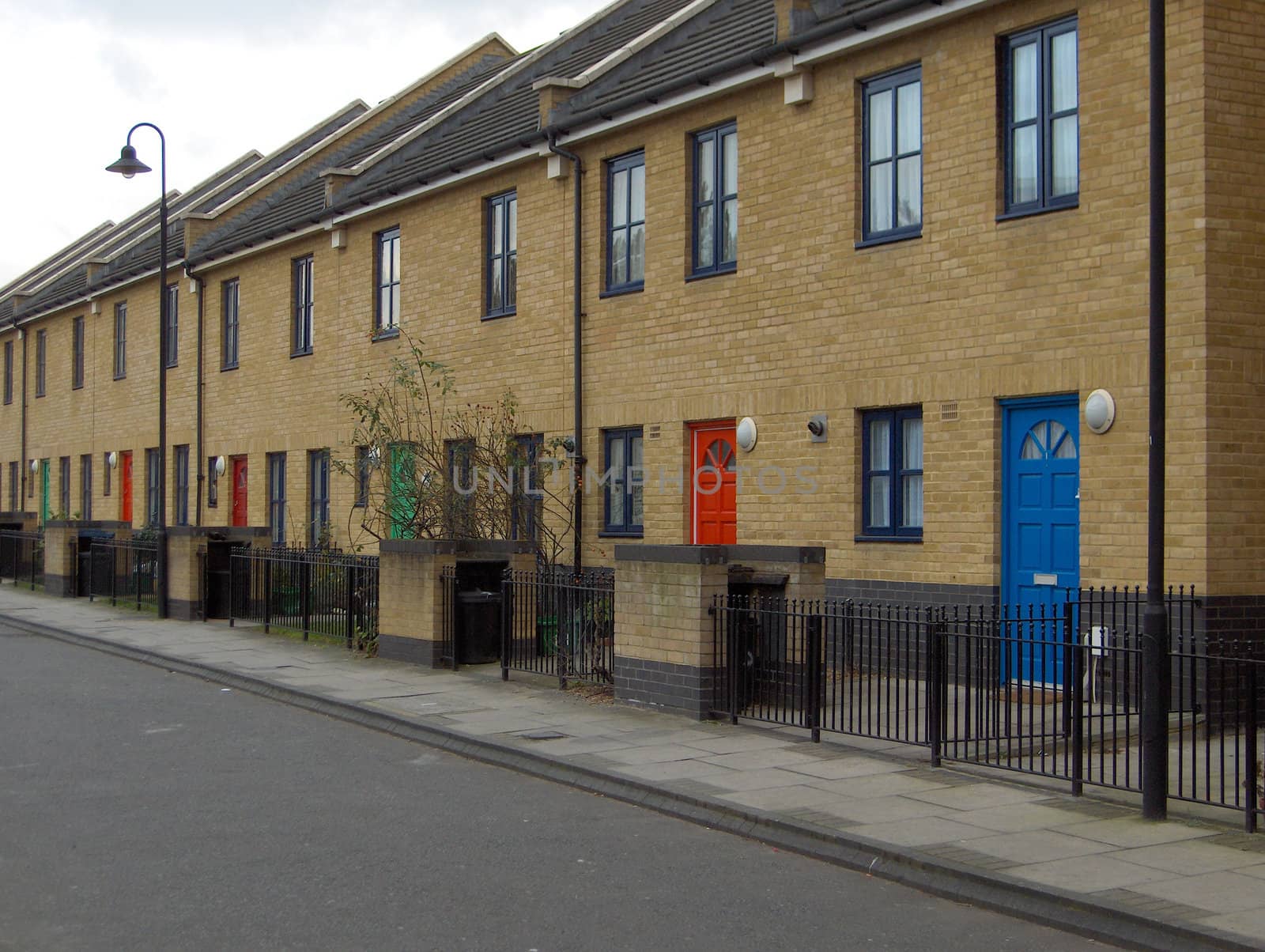 Colorful doors on a peaceful street in Britain.