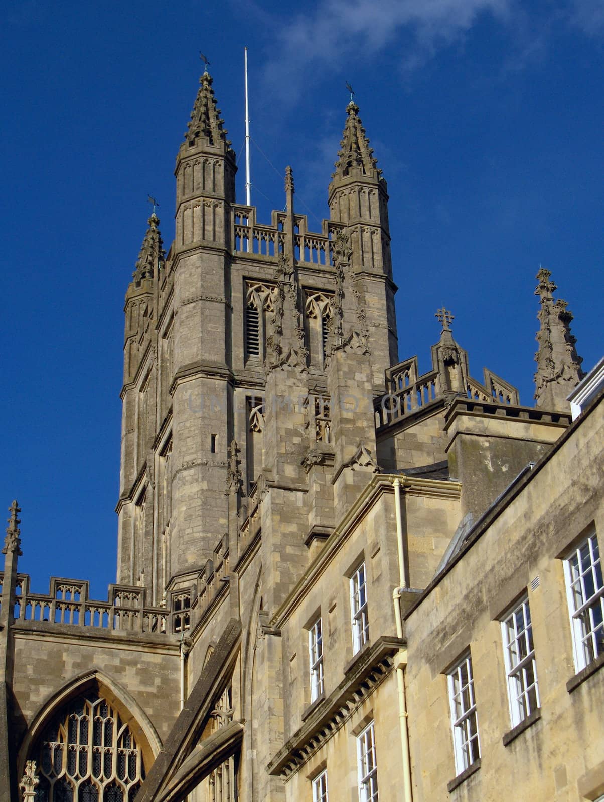 Bath Abbey in England, on a clear blue day.