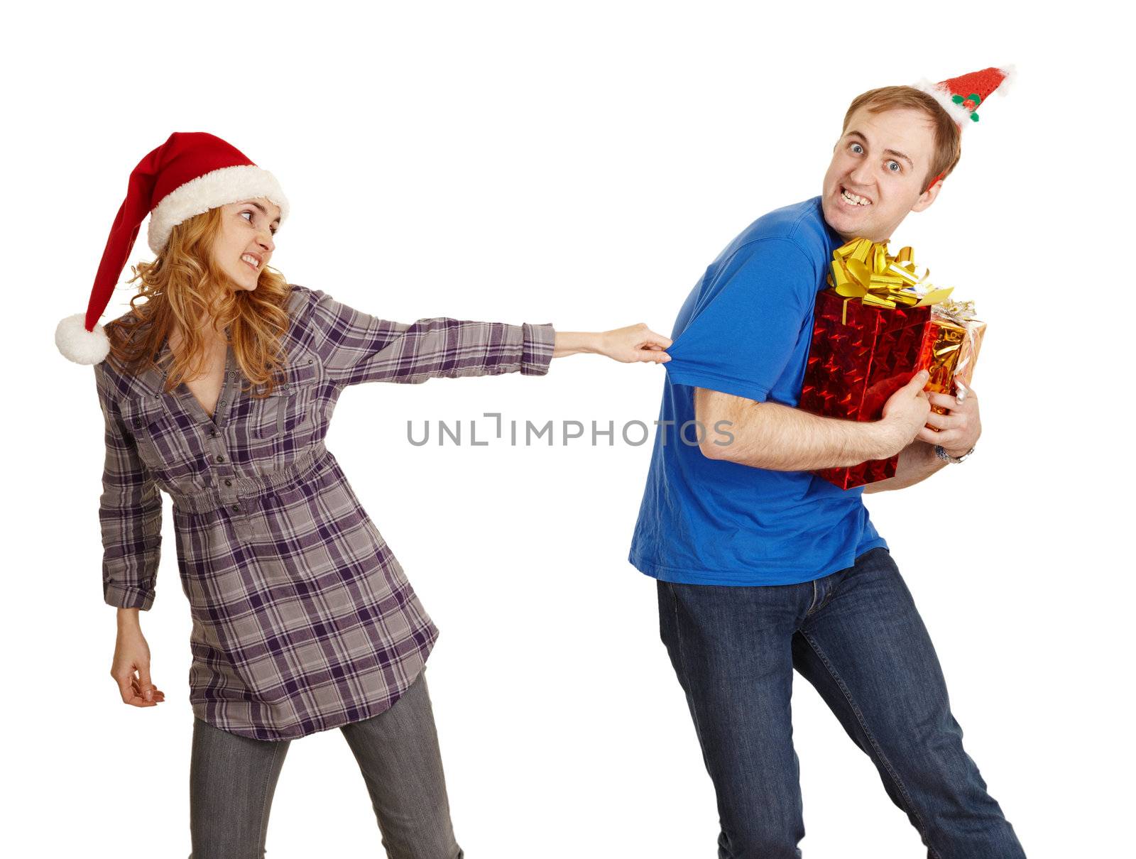 The man hides all Christmas gifts from the woman isolated on a white background