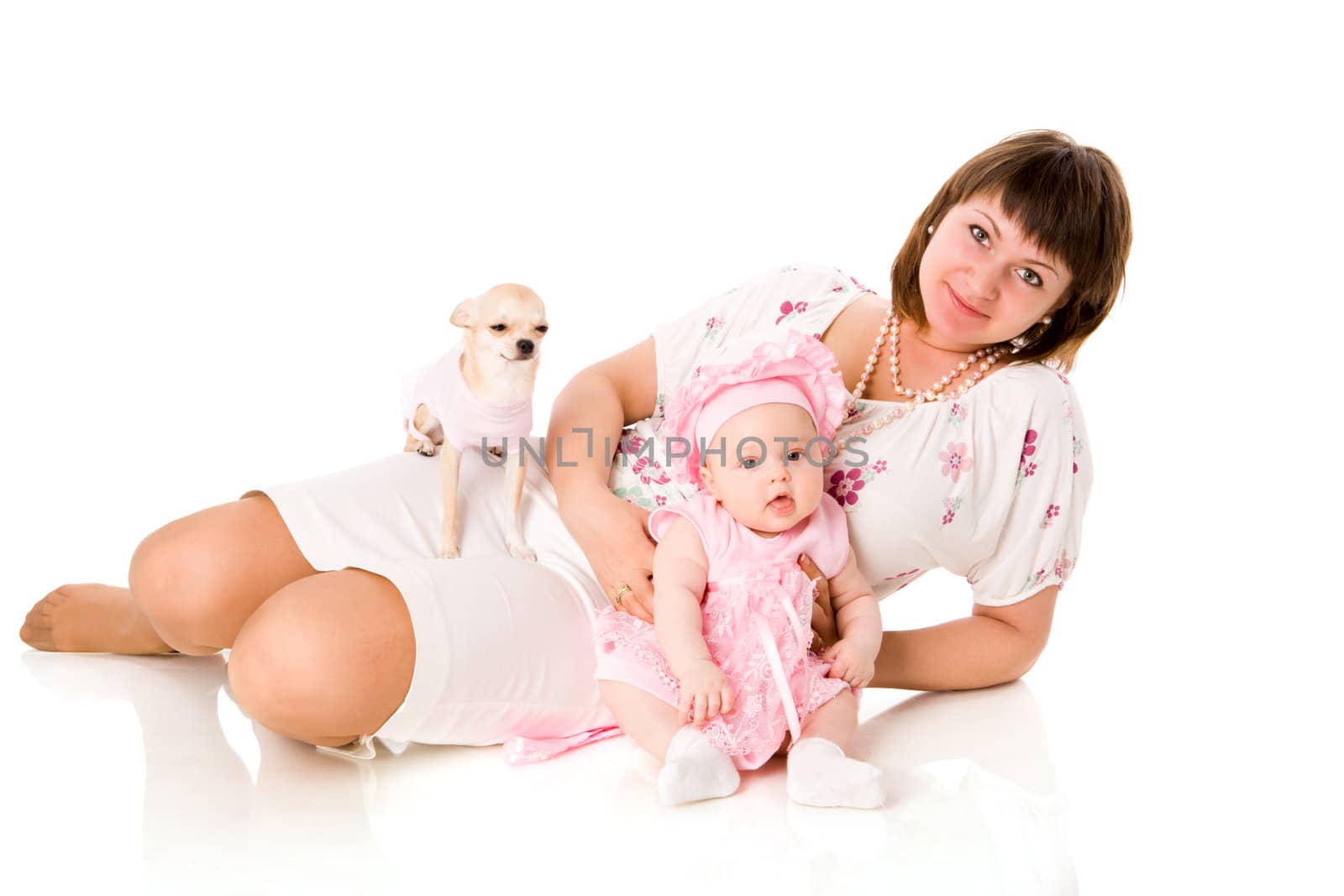 Happy mother with baby and dog isolated on white