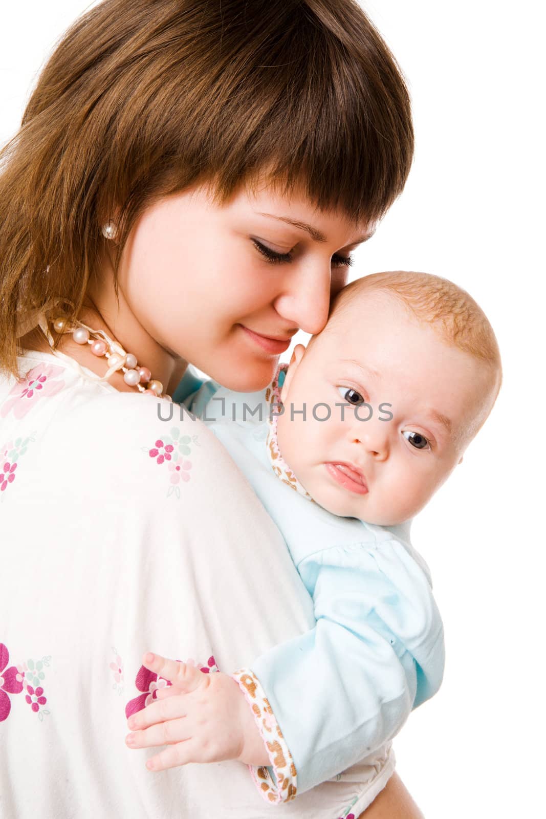 Mother with baby posing at camera isolated on white