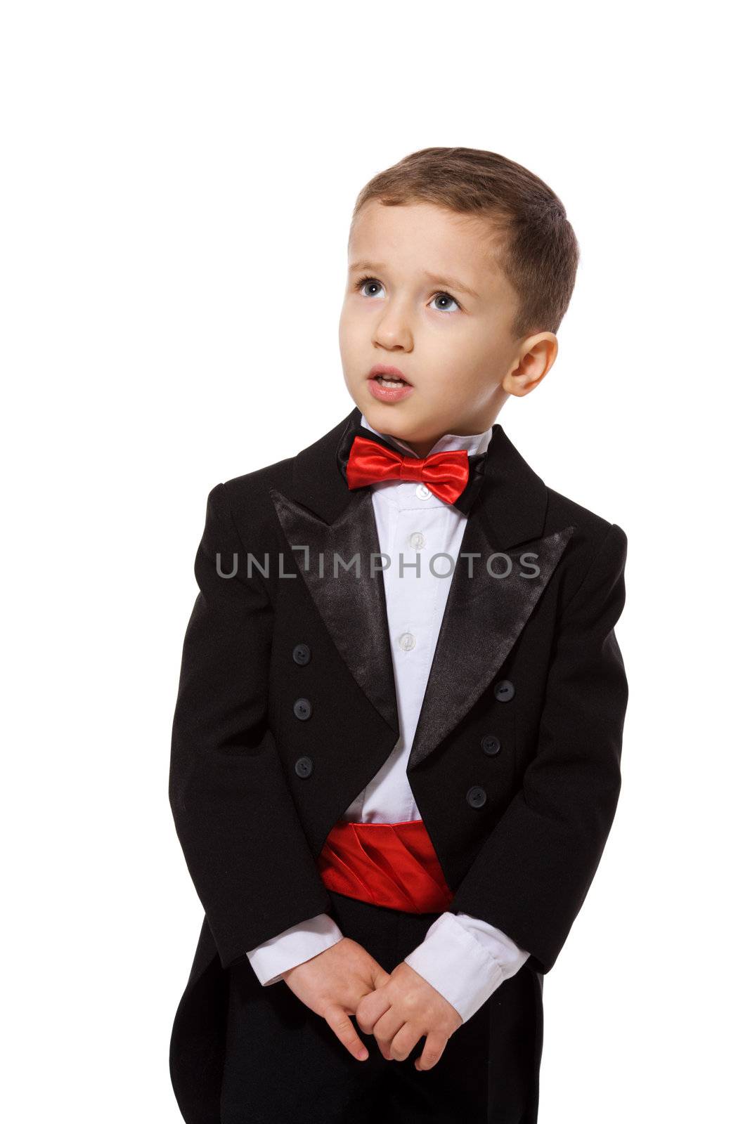 Little Boy wearing tuxedo portrait isolated on white