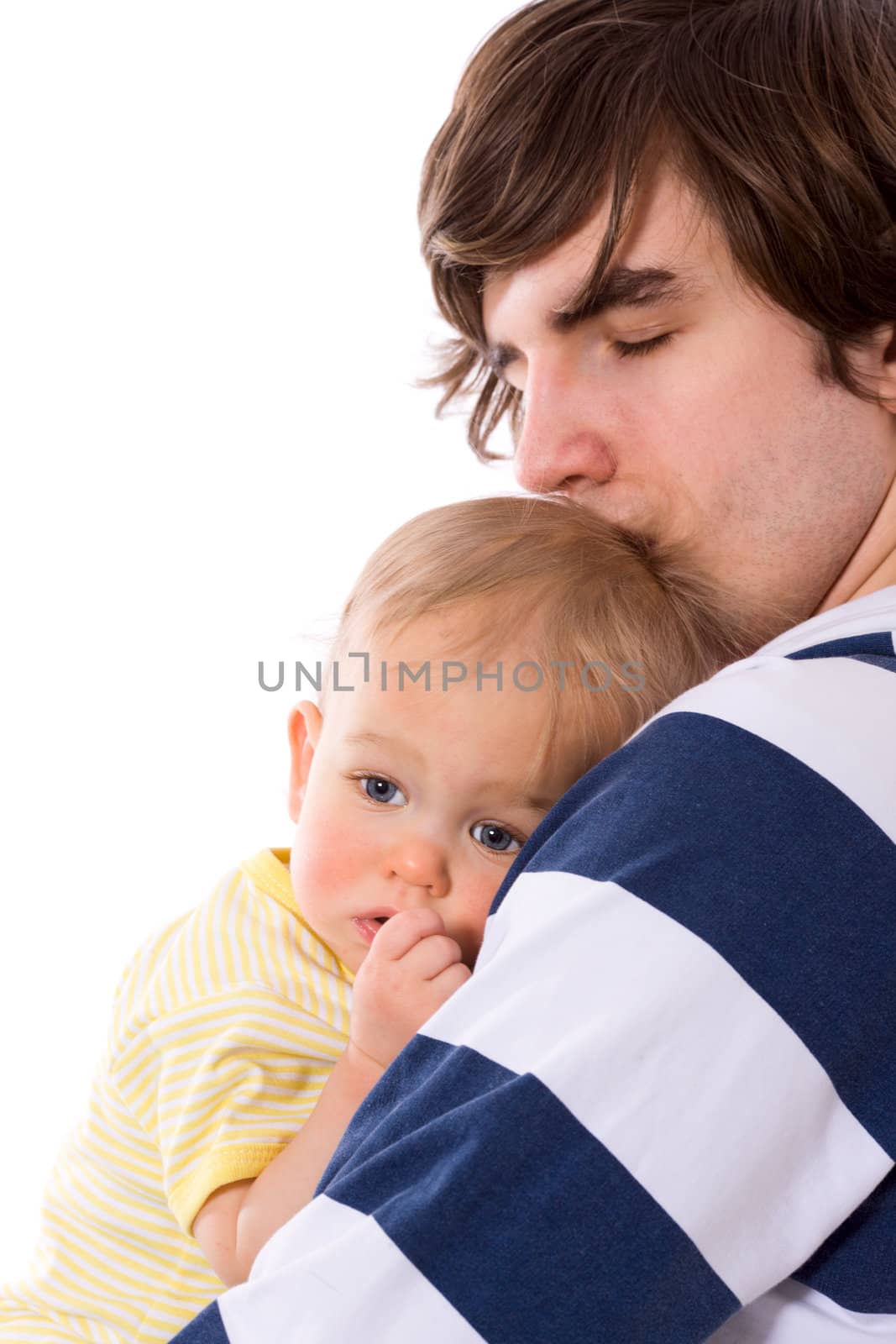 Sad father holding child close up isolated on white