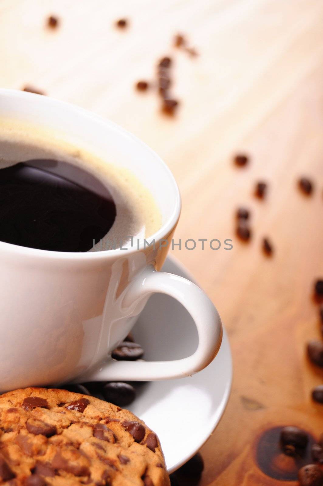 coffee concept with beans cup and defocus copyspace