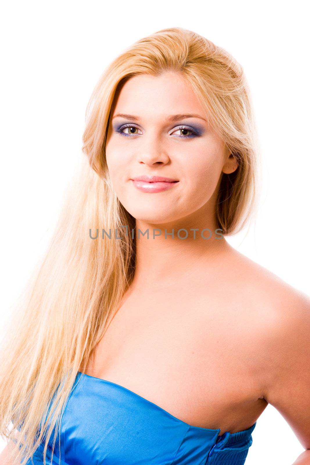 Young beautiful blond woman close-up portrait isolated on white