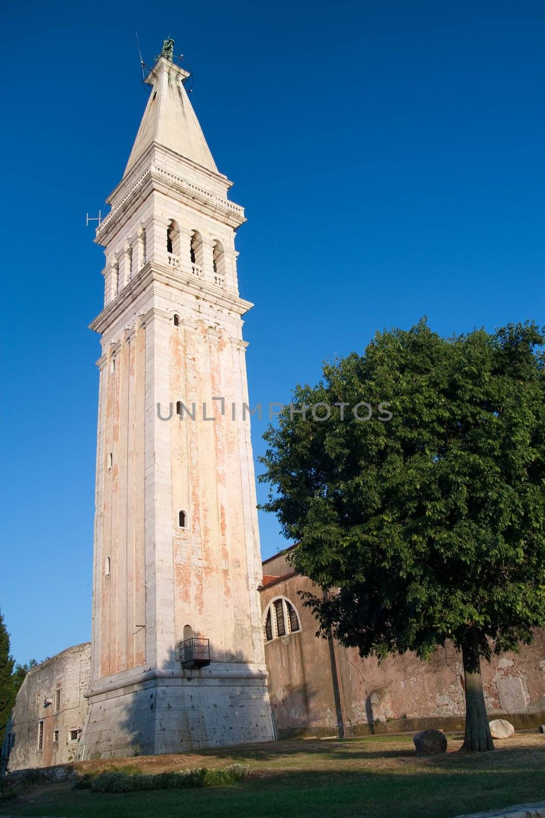 Church tower of St. Euphemia Church in  old coastal city Rovinj in Croatia.