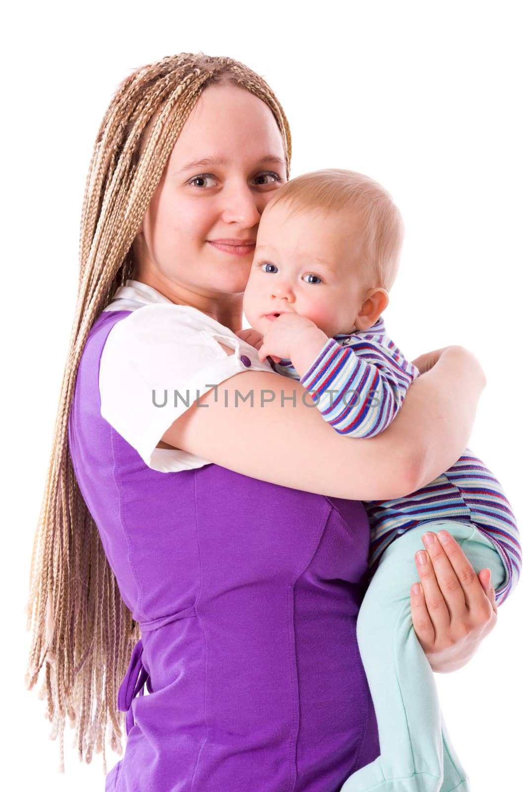 Happy Mother holding half year baby isolated on white