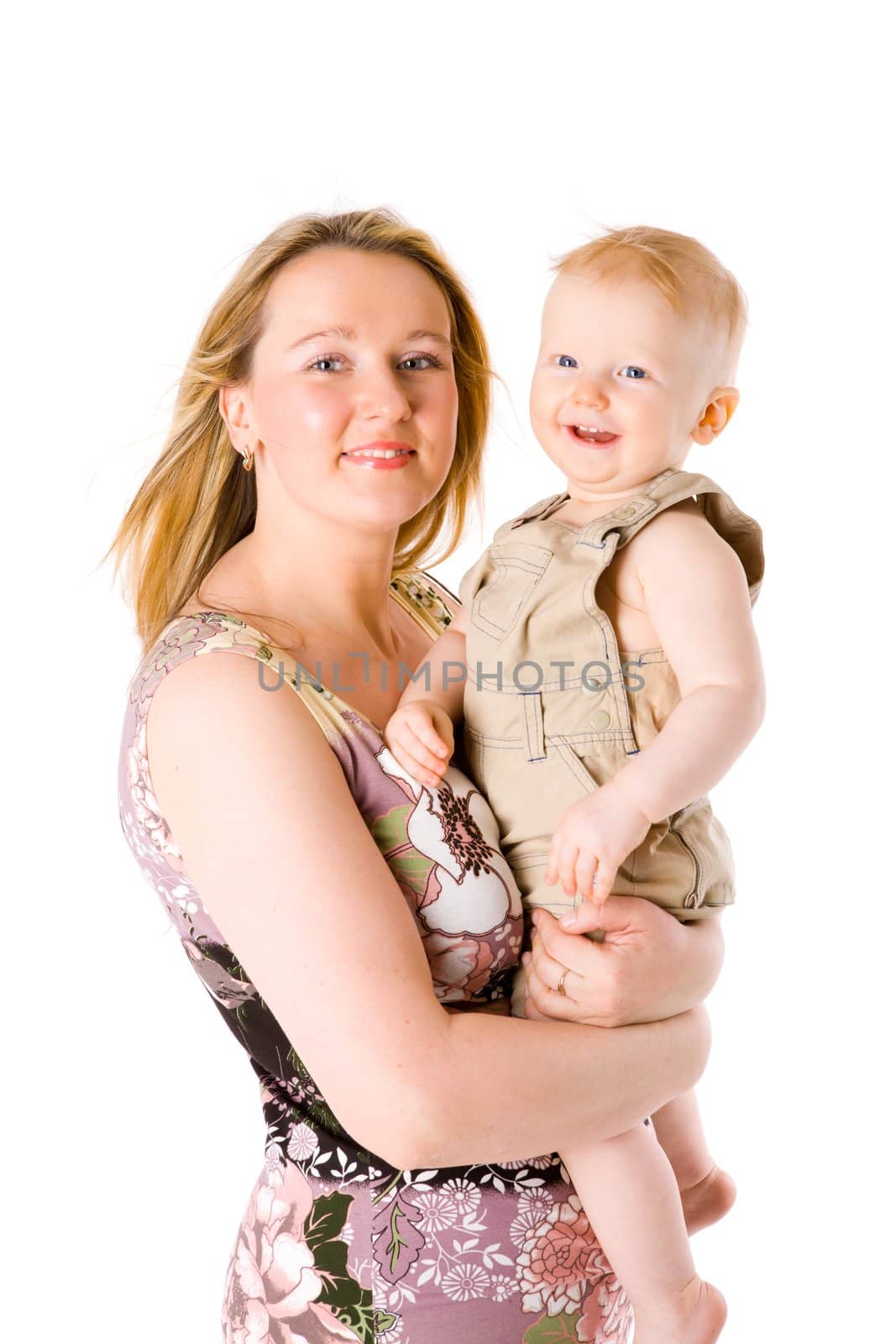 Happy Mother holding one year boy isolated on white