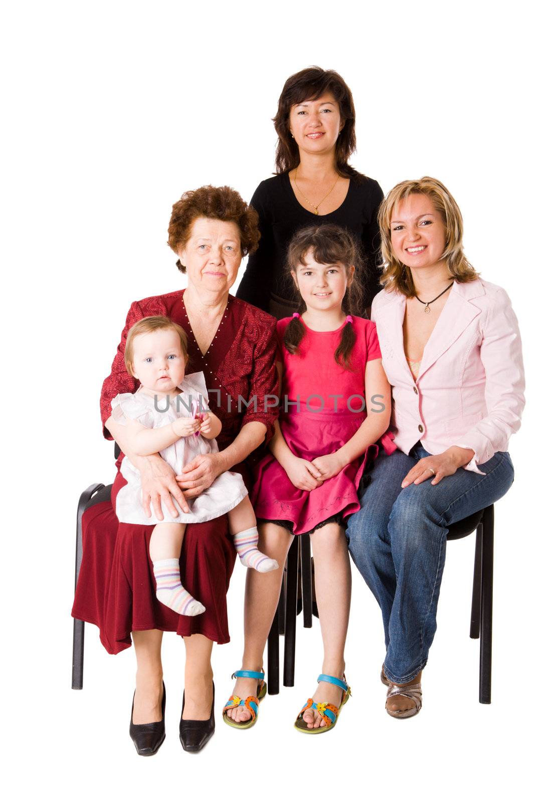 Happy Family five people together isolated on white
