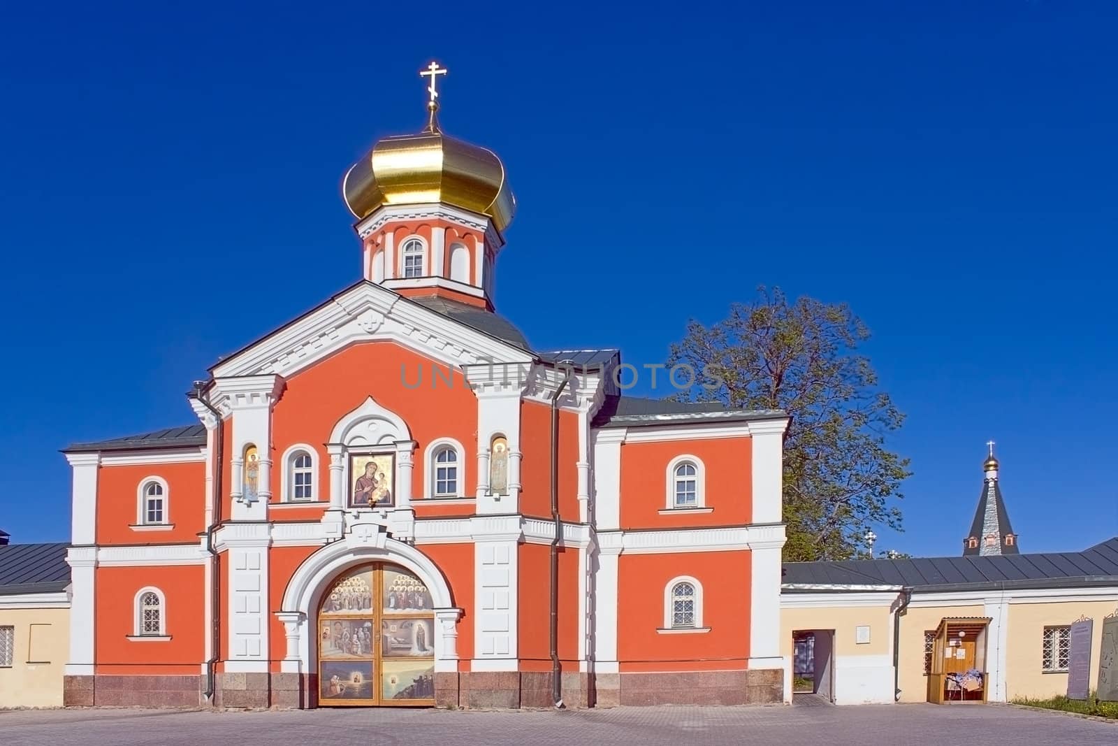 View of  church and  entrance to Iversky Monastery, Russia.