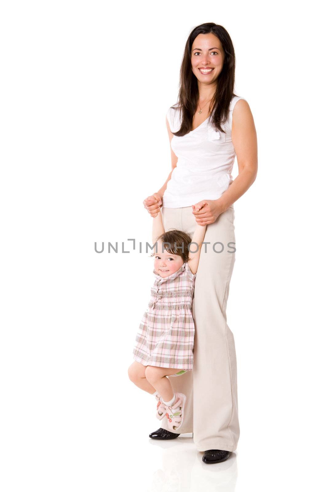 Happy Mother holding daughter both laughing isolated