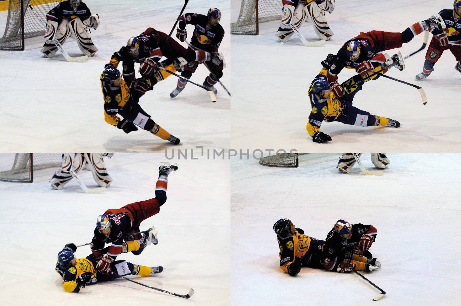 ZELL AM SEE, AUSTRIA - DECEMBER 7: Austrian National League. Hard hit by Red Bulls player against Fabian Ecker. Game EK Zell am See vs. Red Bulls Salzburg (Result 4-6) on December 7, 2010, at hockey rink of Zell am See