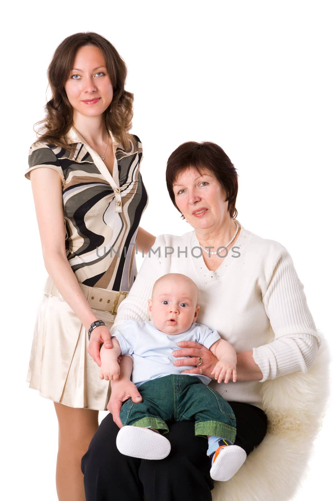 family of Three generations - boy, mother and grandmother isolated on white