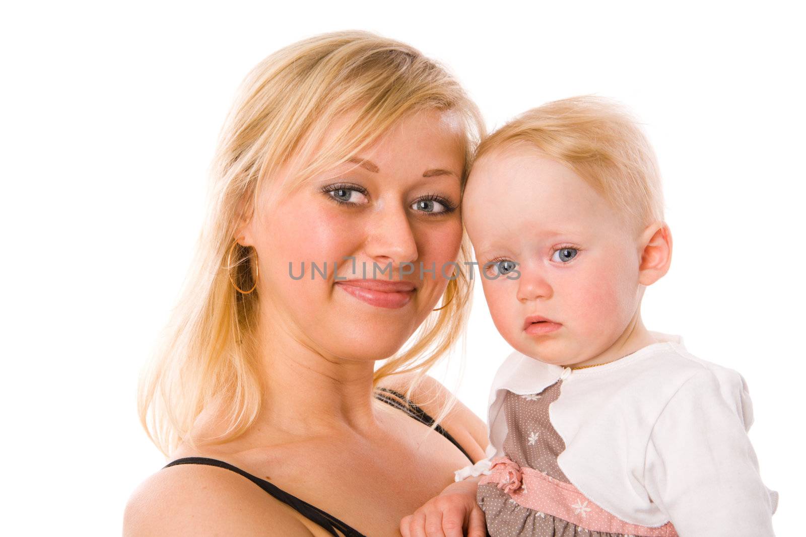 Mother holding one year daughter isolated on white