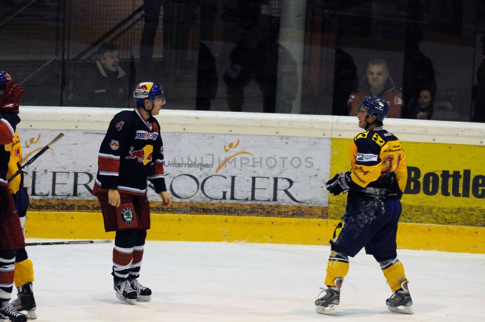 ZELL AM SEE, AUSTRIA - DECEMBER 7: Austrian National League. Mitterdorfer and Schernthaner ready to go. Game EK Zell am See vs. Red Bulls Salzburg (Result 4-6) on December 7, 2010, at hockey rink of Zell am See