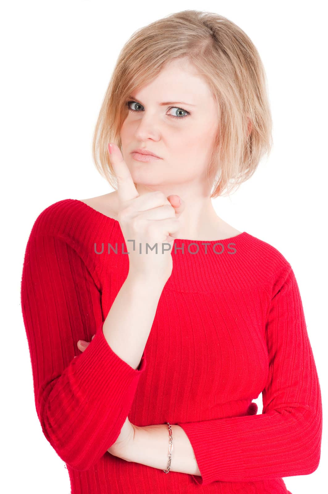 Portrait of beautiful woman in red isolated on white