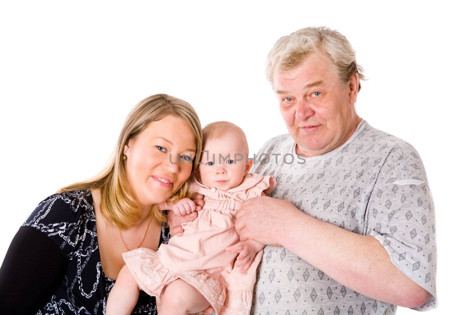 Aged parents with little baby girl isolated on white