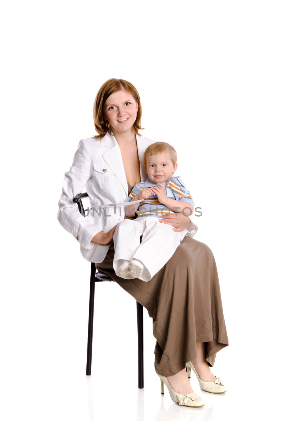 Mother with child sitting on chair isolated on white