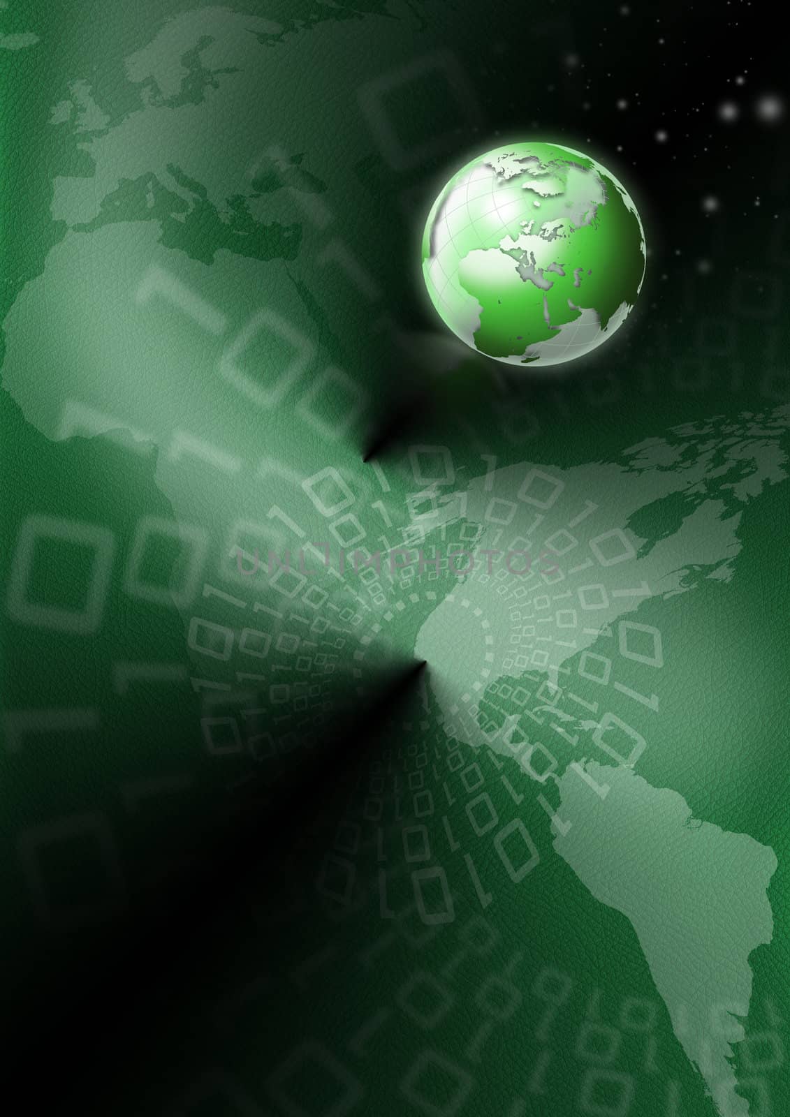 Background green skin with a world map, globe and binary code