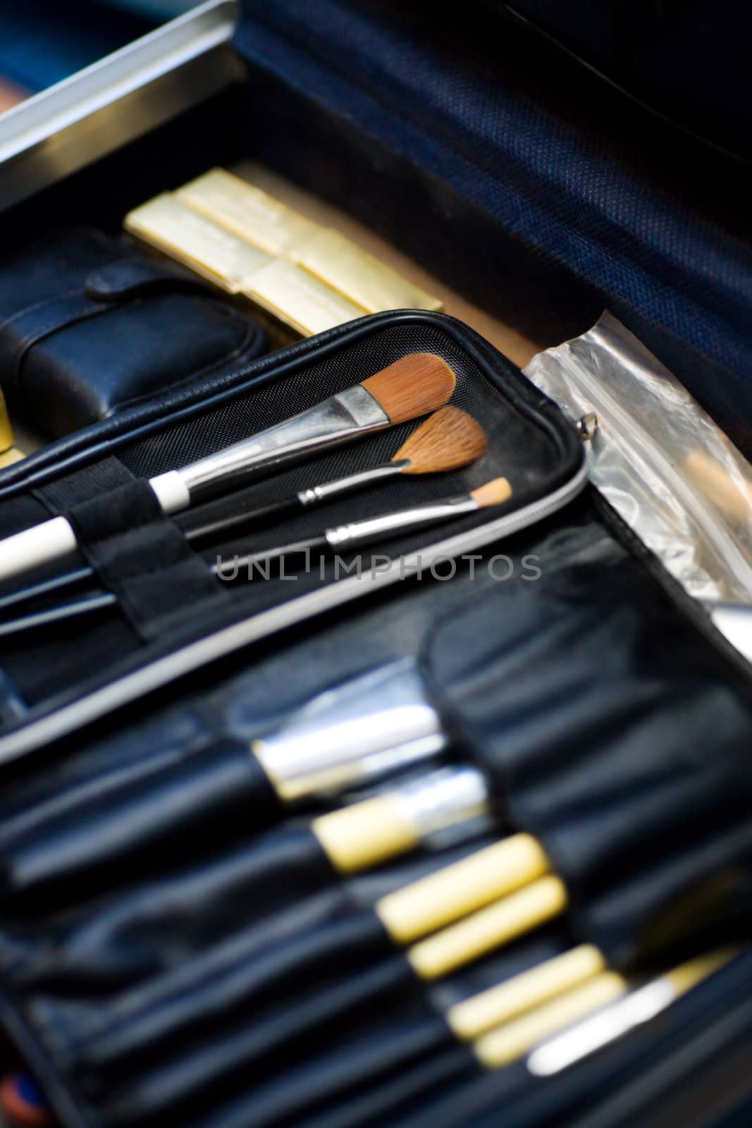 Make up brushes set in proessional case macro shot