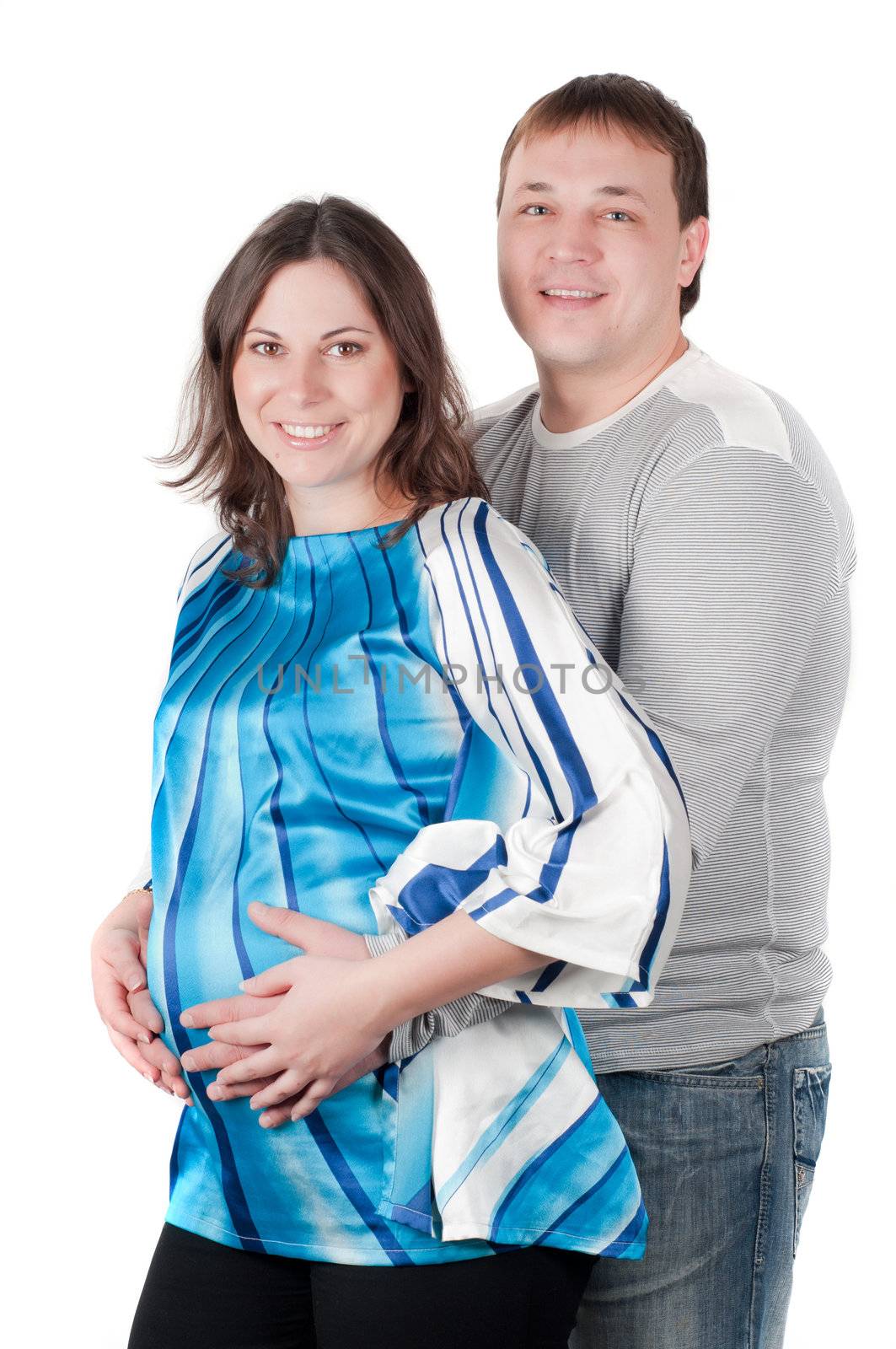 Shot of beautiful couple, pregnant woman isolated on white