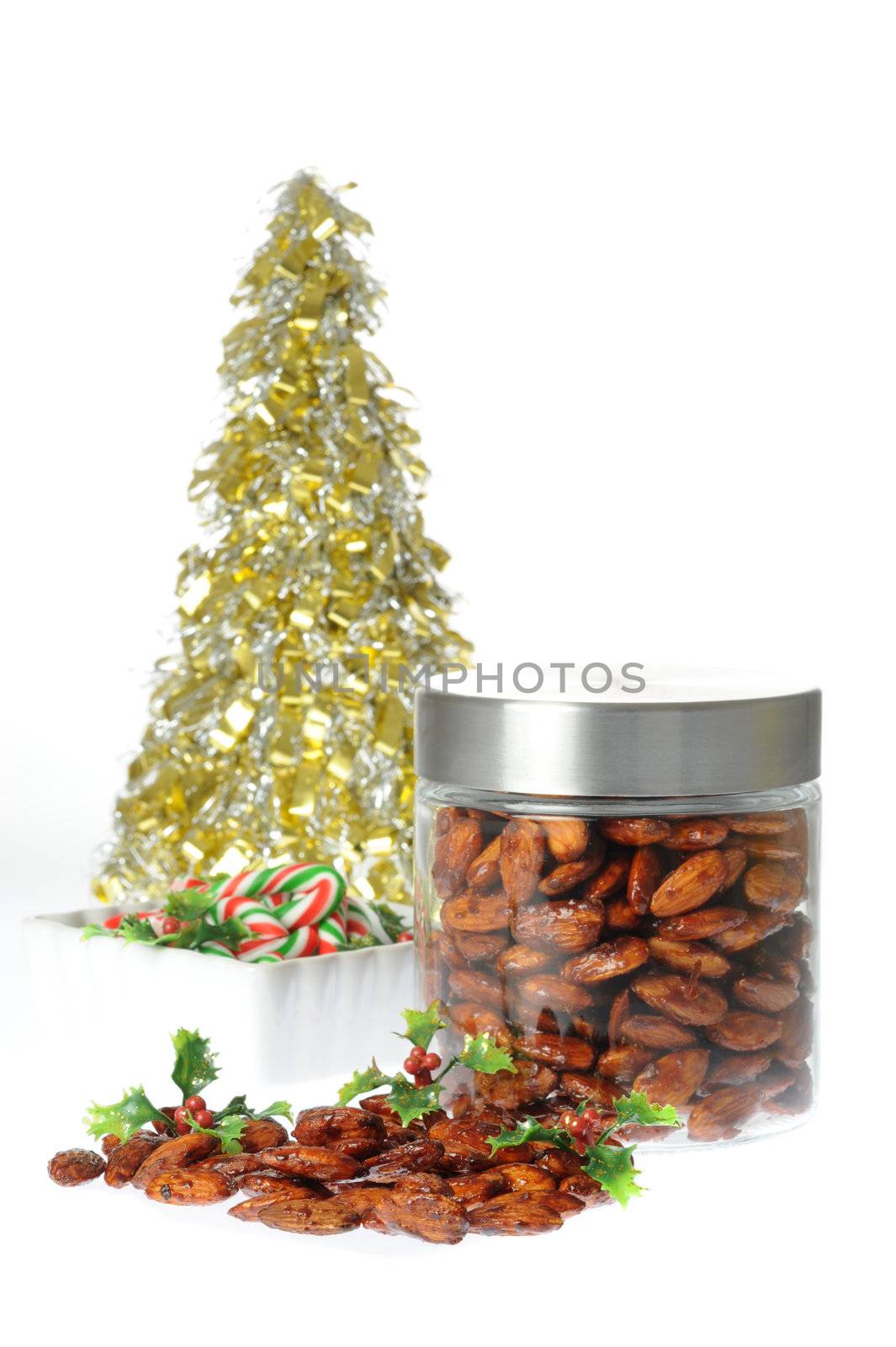 Delicious homemade spicy candied almonds in a jar.