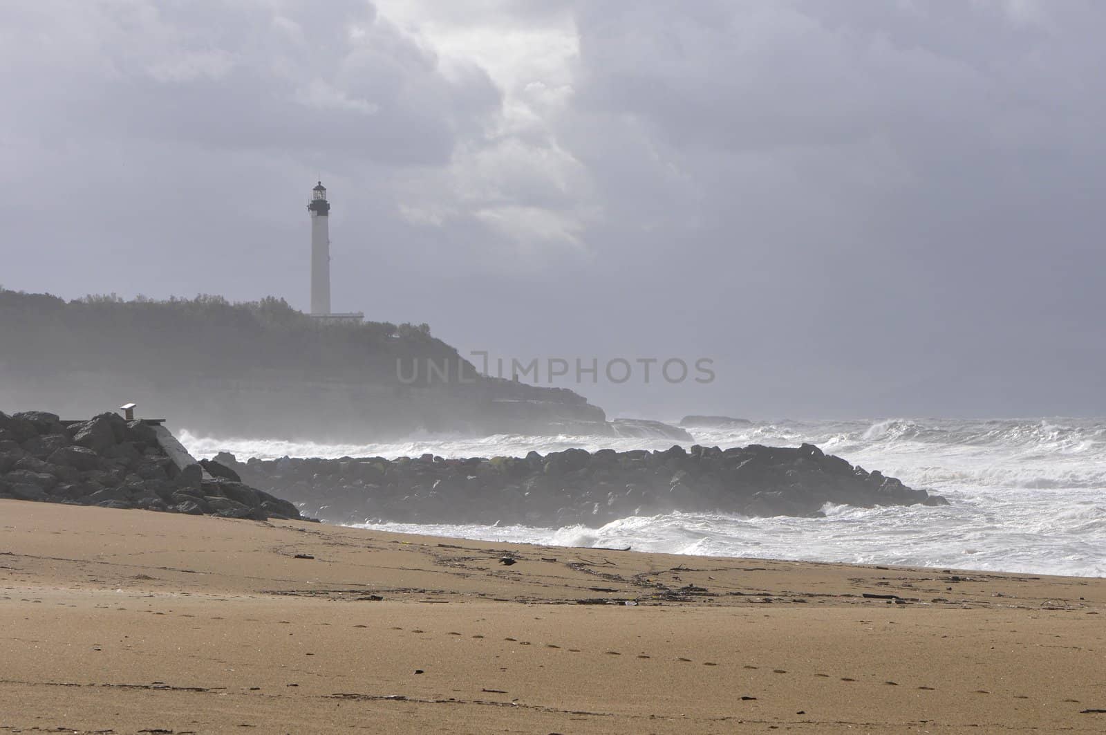 Biarritz lighthouse on the french Atlantic coast during a stormy day