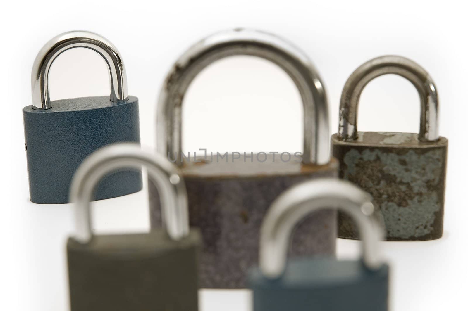 several different locks on white background, distance blur