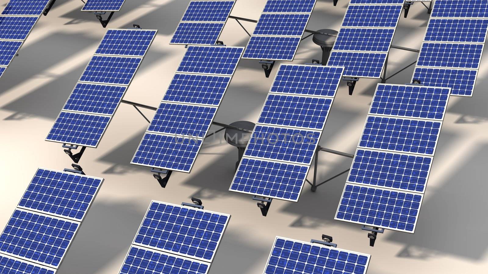 Field of articulated solar panels with morning light on a white background