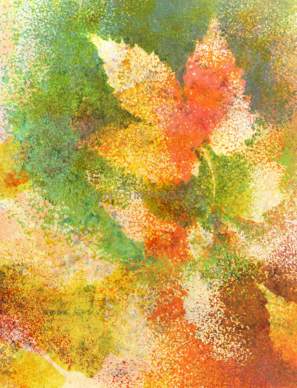 Abstract background, watercolor: leaves, hand painted on a paper. Pink, red, orange, yellow, green