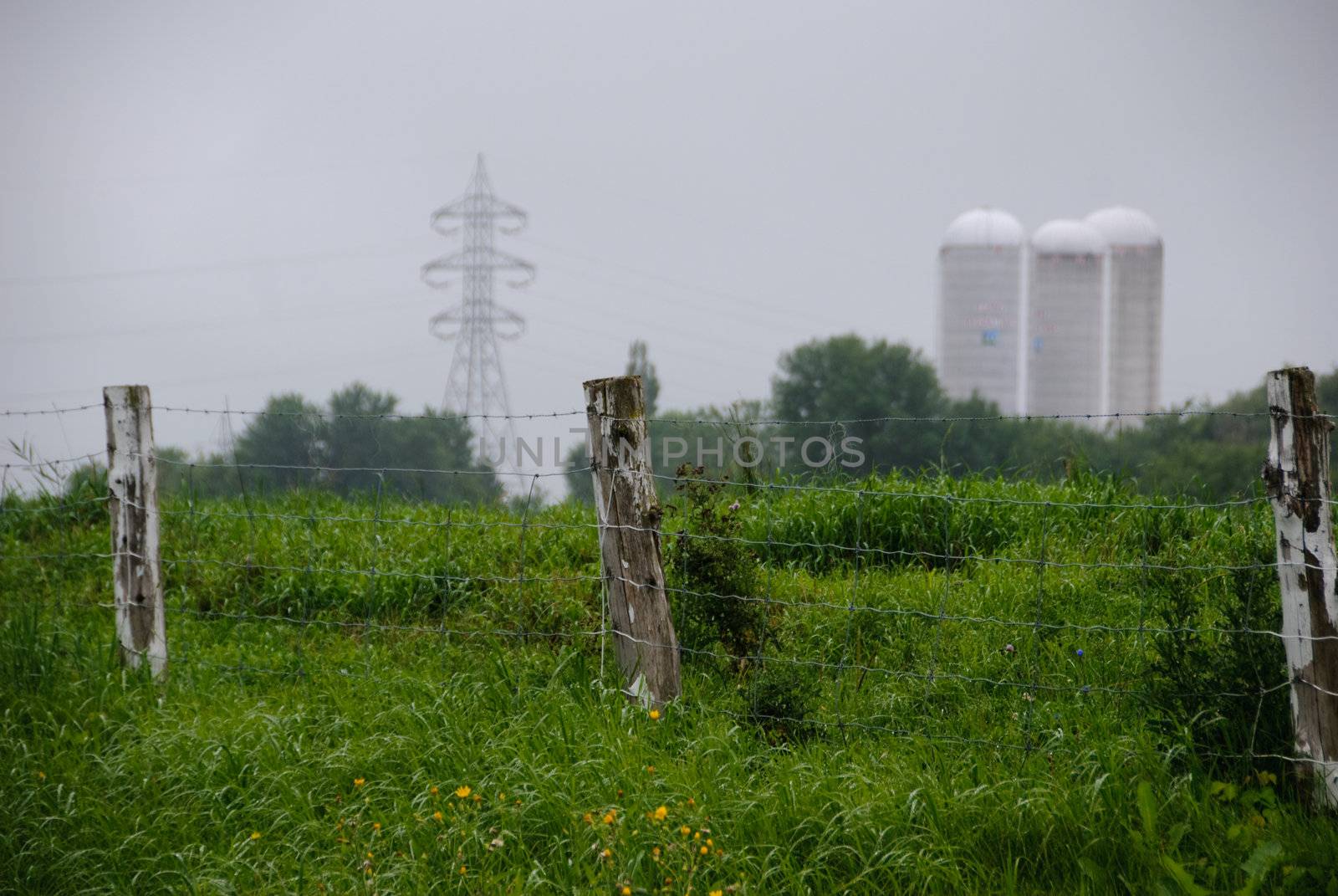 Picture of a contry side fence with power lines in the background