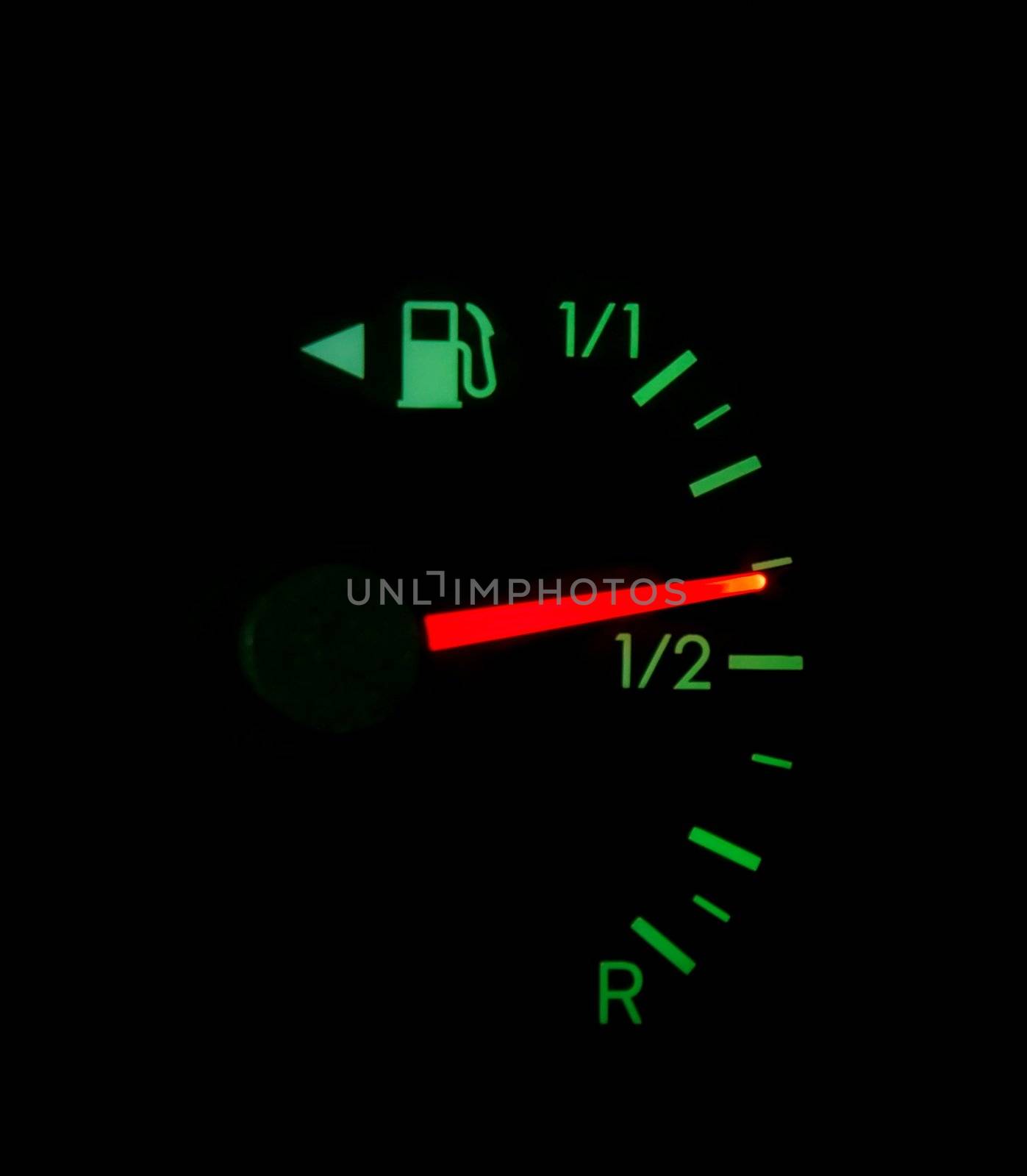 Fuel indicator showing tank is about half filled