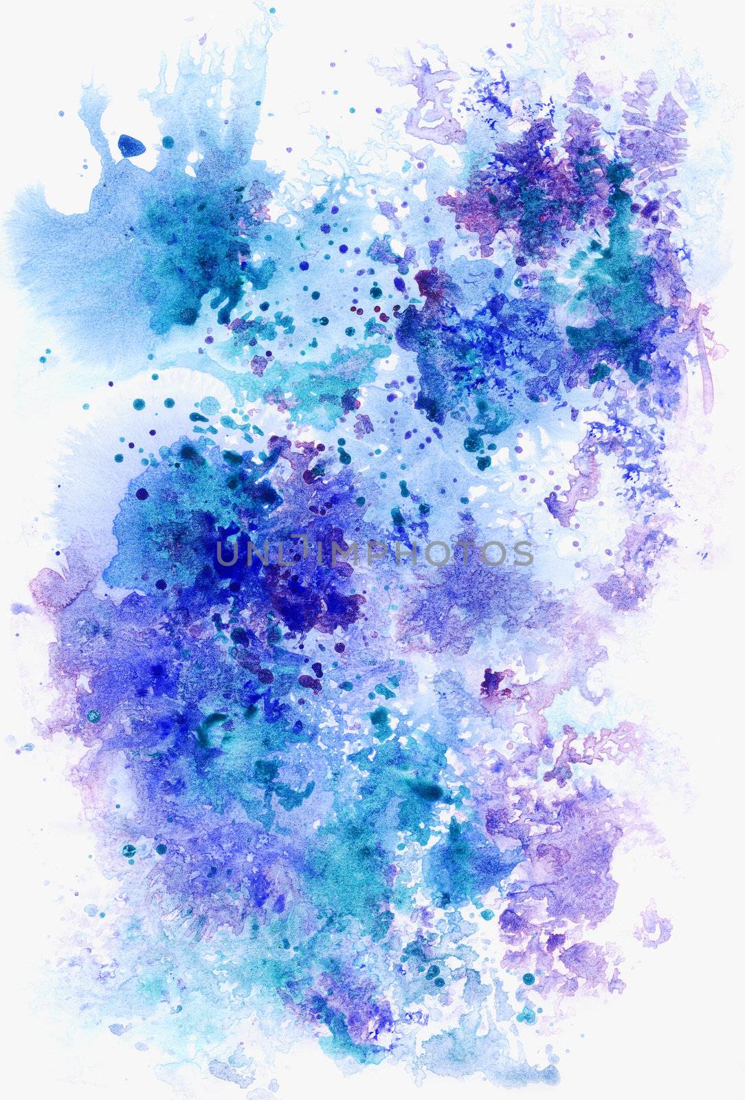 Abstract background, watercolor, hand painted on a paper. White, blue, violet