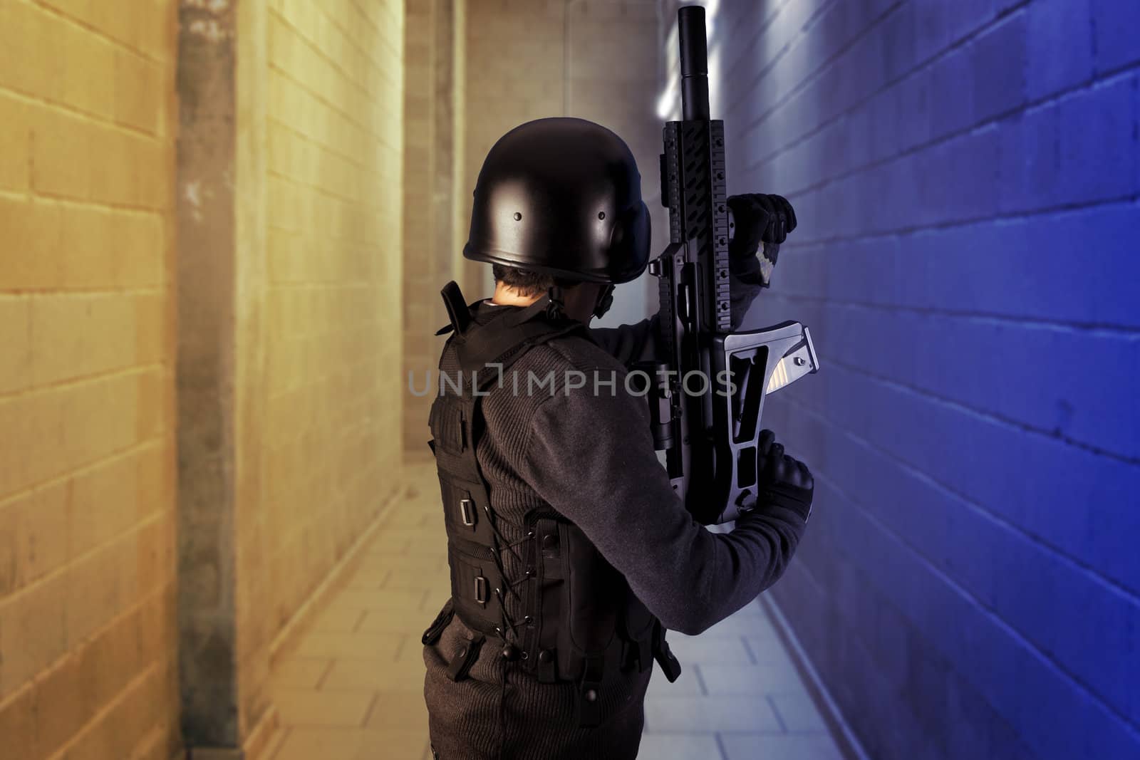 Airport security, armed police wearing bulletproof vests by FernandoCortes