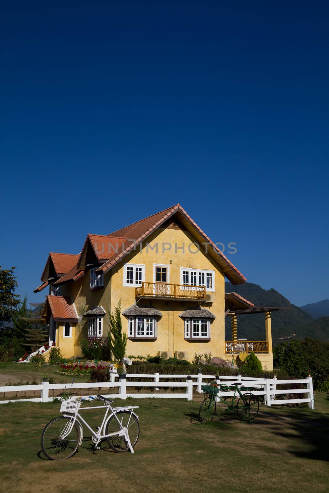 Yellow classic house on hill in pai district maehongson  thailand