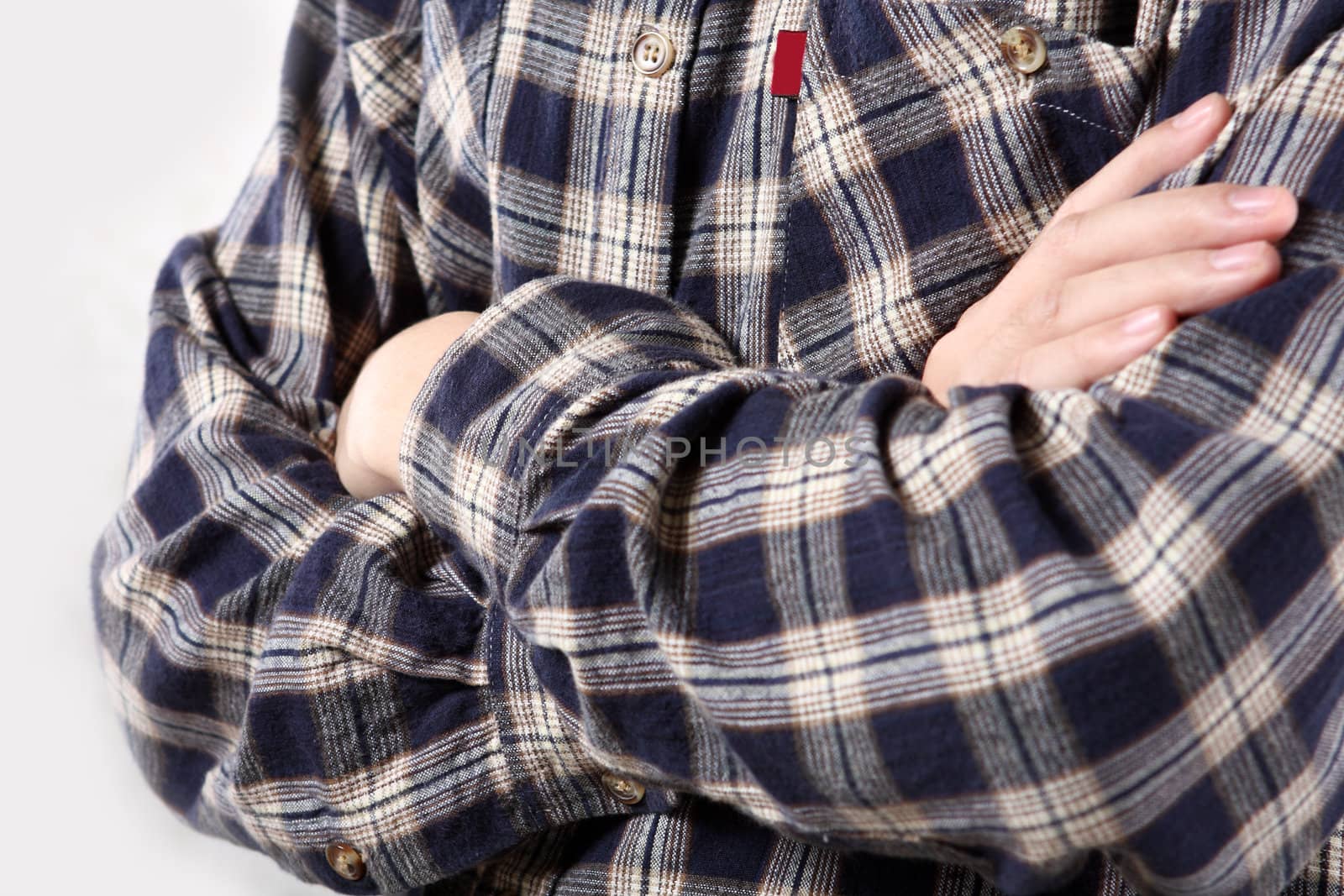 close up of man hands folded with white background