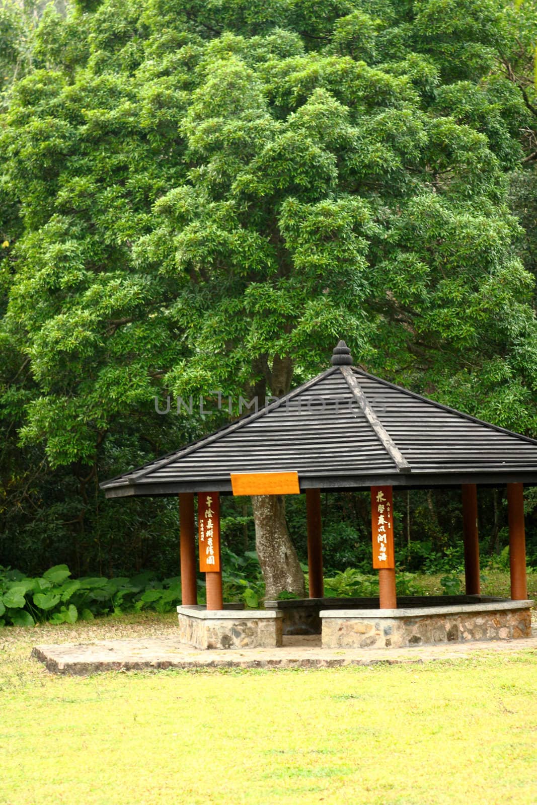 Small pavilion among nature with forest background at day
