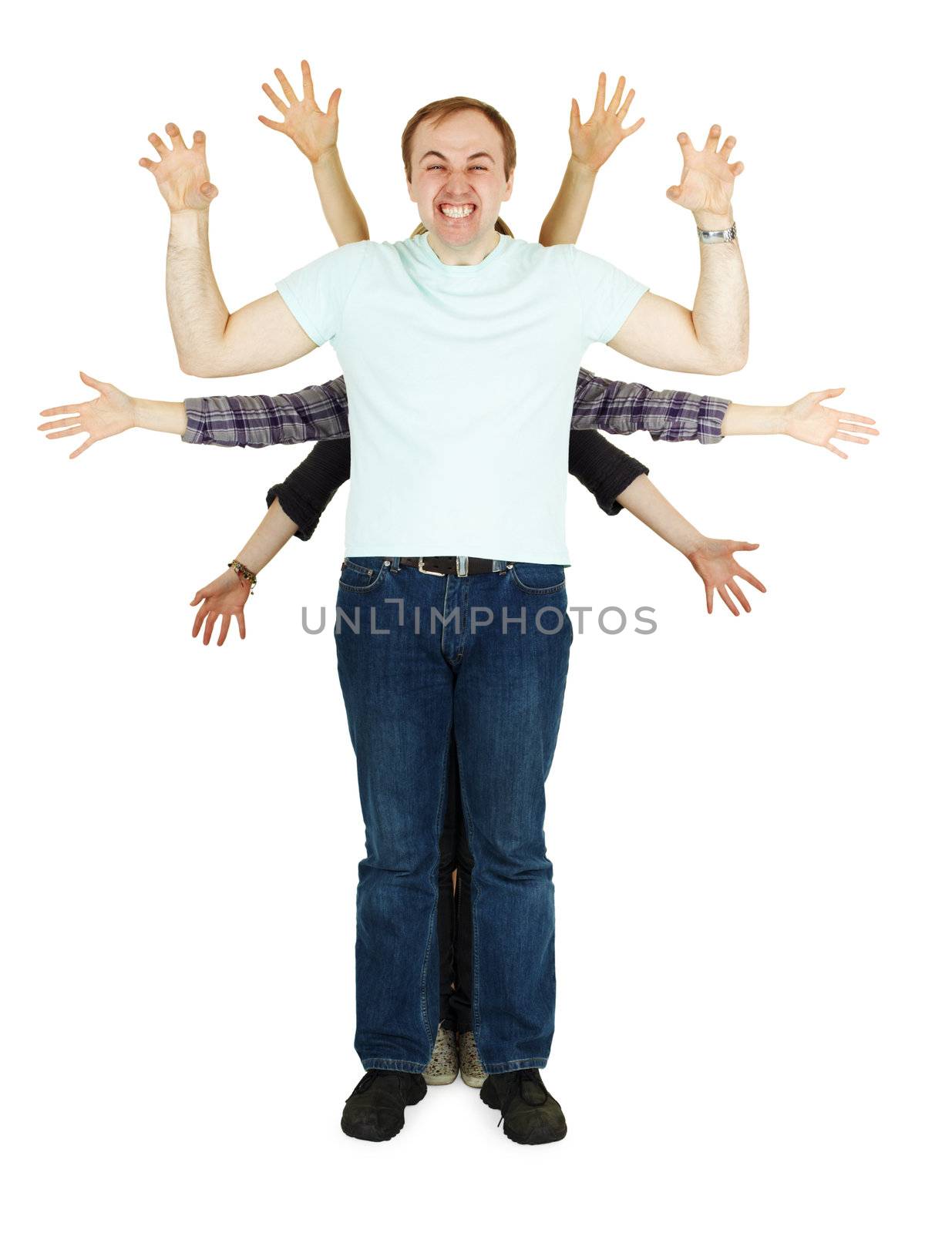The family plays the fool representing multiarmed god isolated on white background
