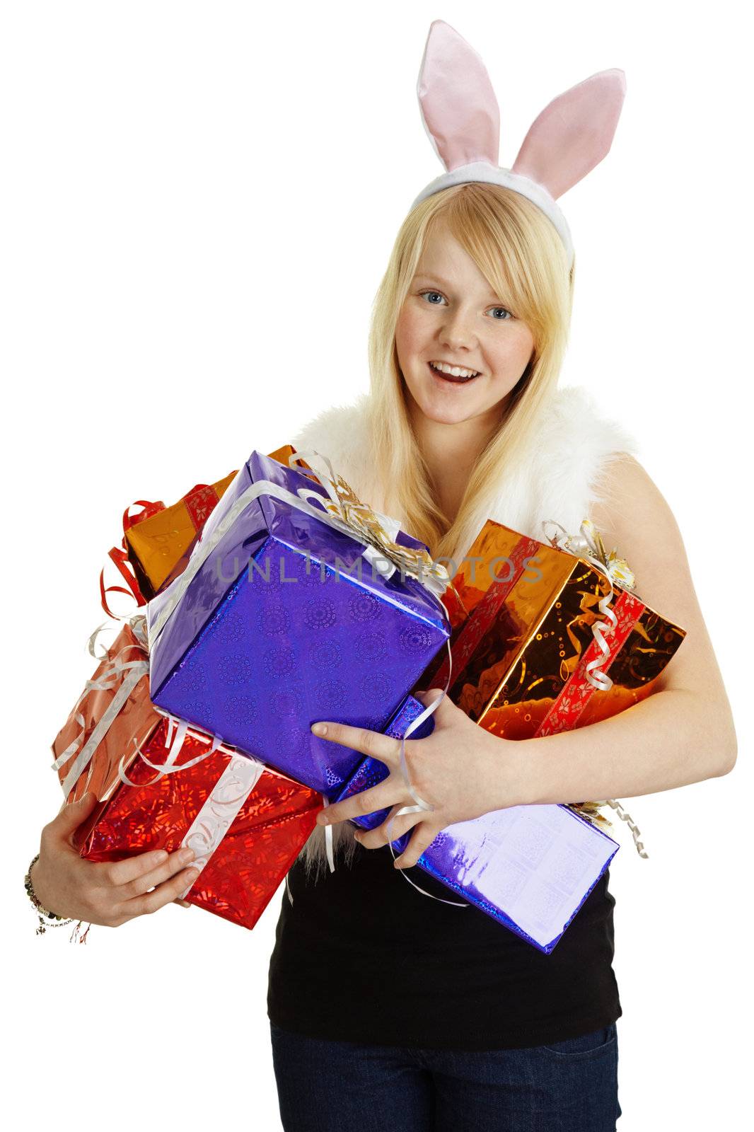 Girl with rabbit ears rejoice many gifts isolated on white background