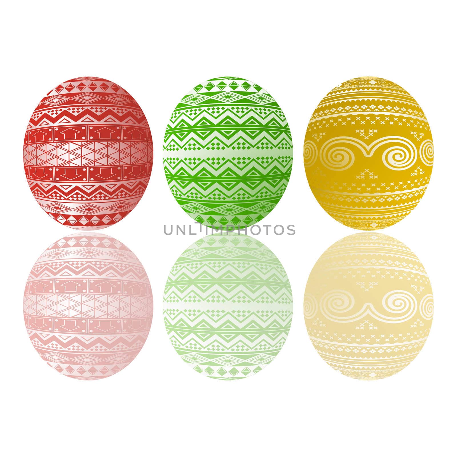 Three color Easter eggs and reflection