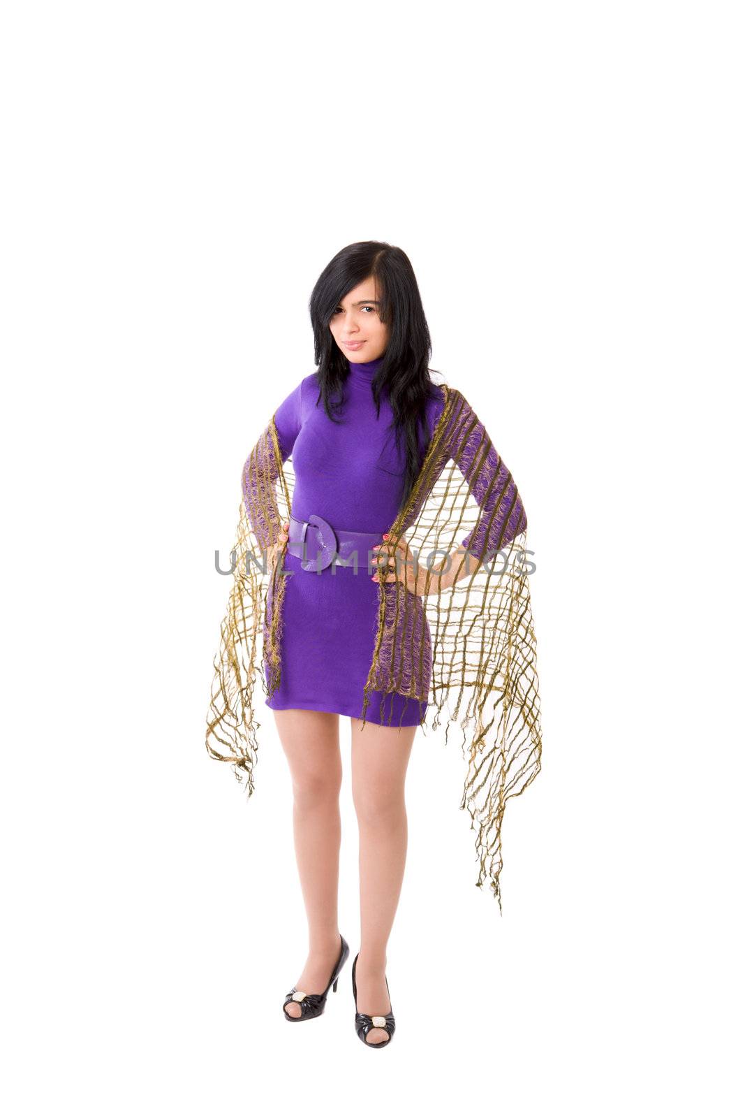 Young woman wearing violet dress and scarf isolated on white