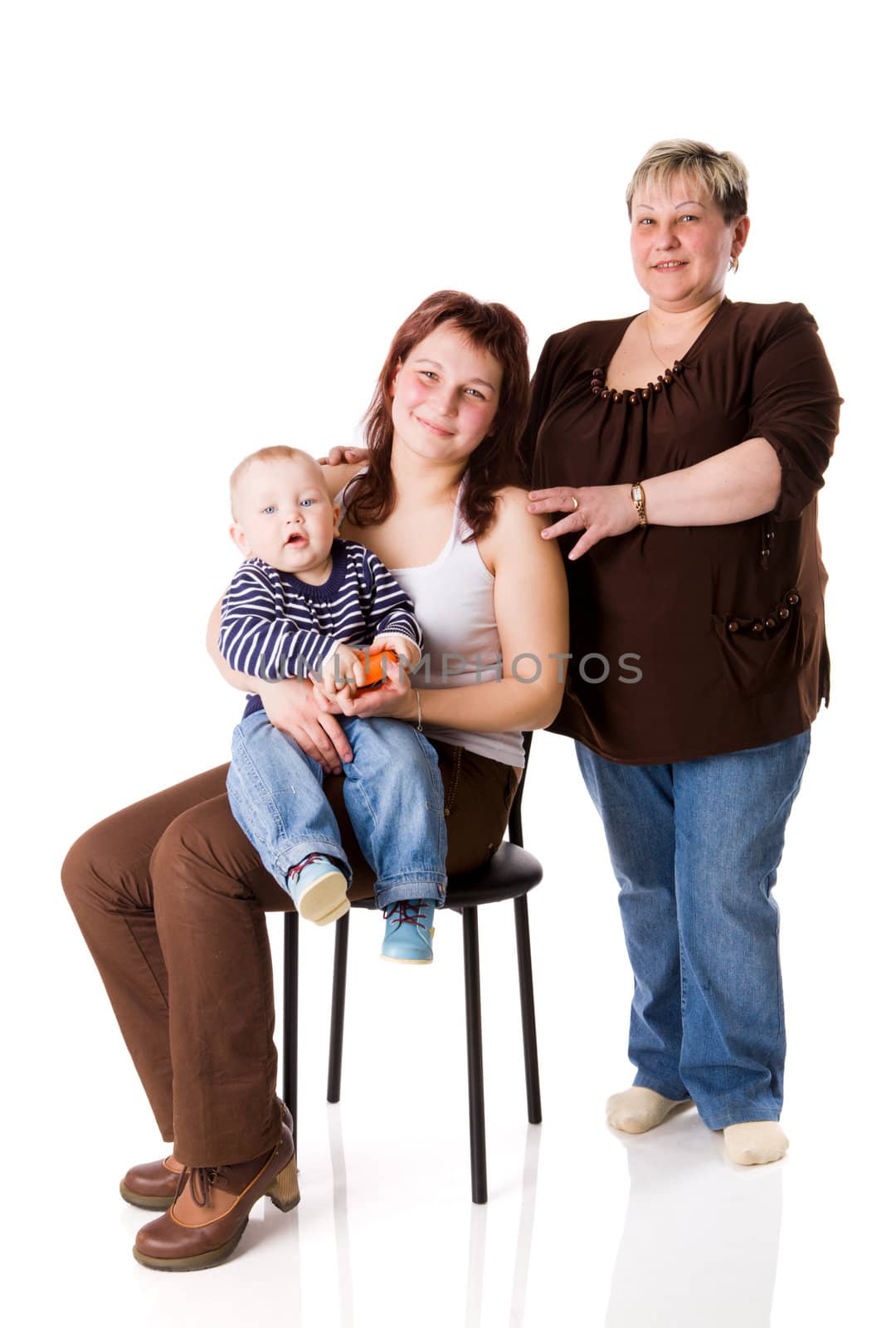 family of Three generations - boy, mother and grandmother isolated on white
