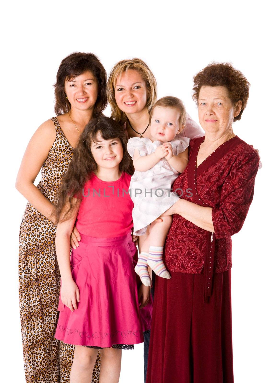 Happy Family five people together isolated on white