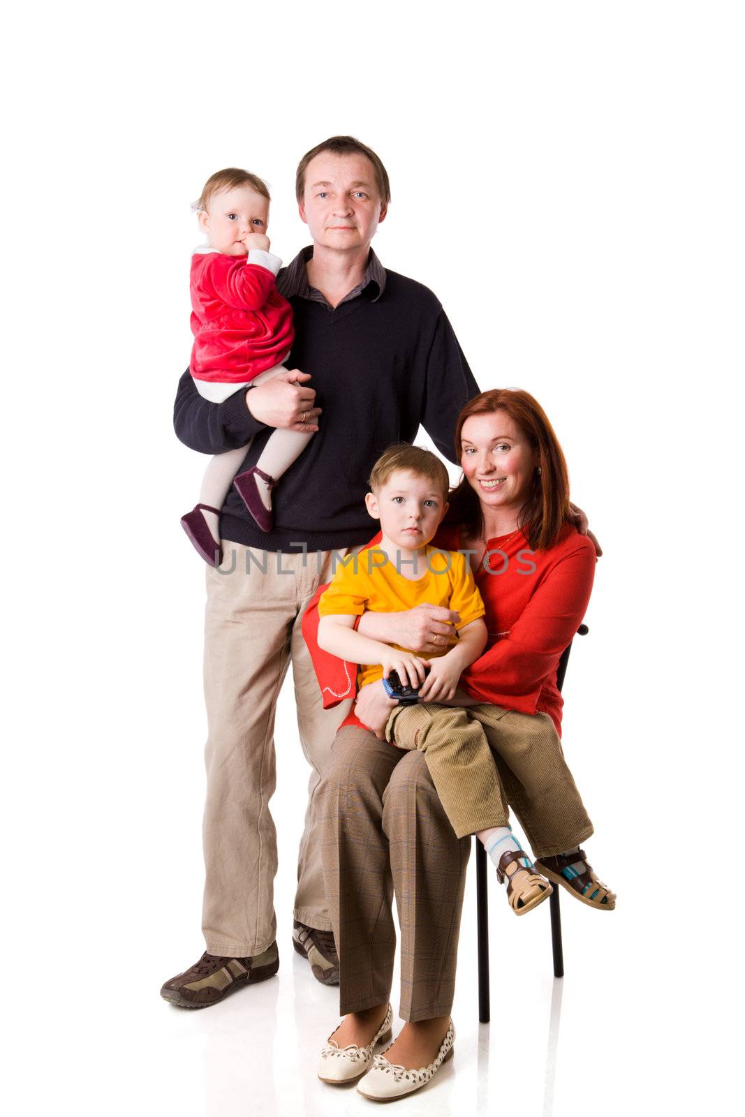 Happy Family with two kids together isolated on white