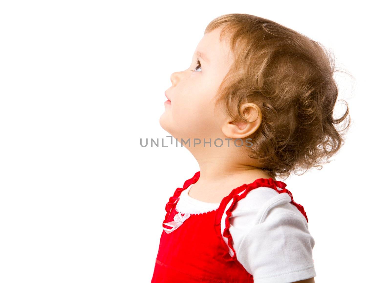 Adorable Baby Girl in one year age looking up  isolated on white