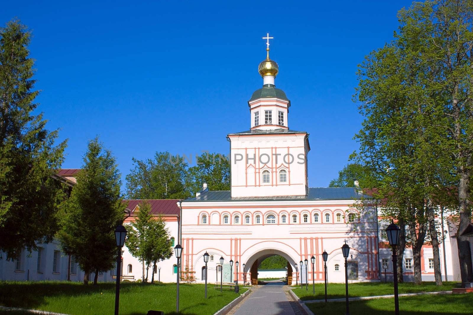View of church and entrance to Iversky Monastery, Russia.