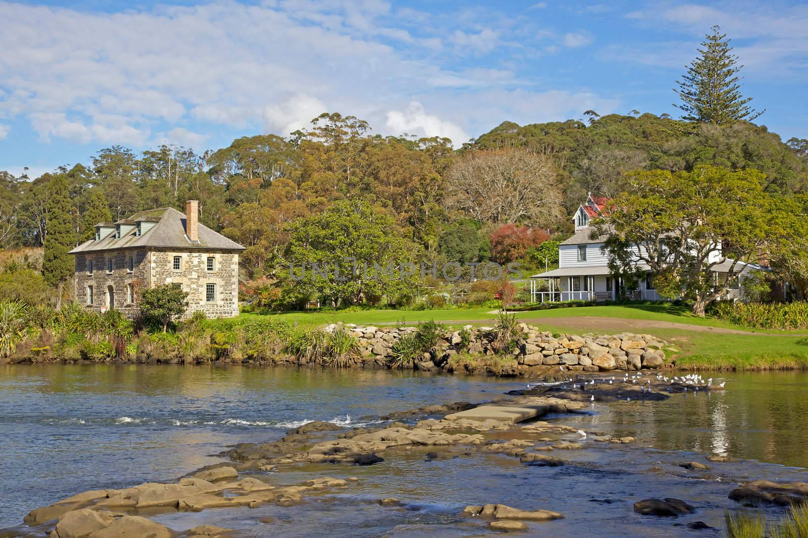 The Kerikeri Mission Station, with the Stone Store at the left, the Mission House on the right, and St James Church in the background. 